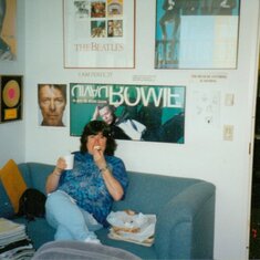 Janet 1998 eating a bagel with a schmear in my office at RCA Records