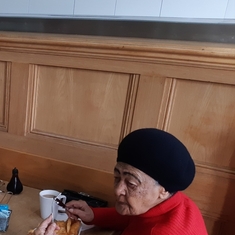Mama eating fish and chips in Newcastle Jan 2020