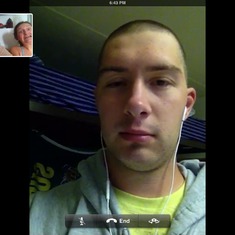 Video Chat with Jared at Texas A&M - Jared had his short cadet haircut and Syd was goofing around.