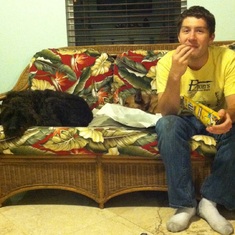 Jared after a long work day at Dion's - on the couch with Ace and Jack - Summer 2013.