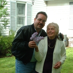 Jed and Mom at 60 Bayview with Lilacs