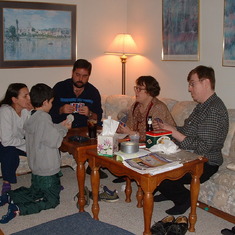 Maggie, Matt & Jed playing cards with Aunt Amy and Uncle Peter
