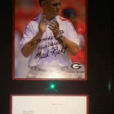 Jeffrey received this autographed photo and a personal letter from Coach Richt during his battle with cancer.  The son of my cousin, Joan, attended UGA and he told Coach Richt about his illness. Eric made quite an impression on Jeffrey!