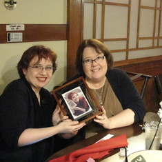 At Jen's favorite restaurant - Kak and Em at Benihana's with photo of Jen holding photo of mom.  12.13.14.