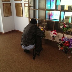 On the 3rd day after the funeral, Art places flowers at Kay's vault. This was his first day out since the funeral..