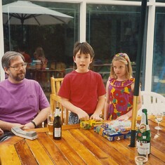 Jeremy, Greg, Julian & Emma; Julian's 8th birthday at Anthony and Phillipa's; September, 1992