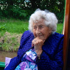 Nana on the canal boat, perfectly contented. This is the photo used on the front of the Order of Service.