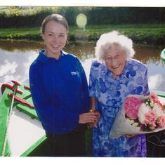 Nana, having been presented with flowers at age 102 on the Monmouth & Brecon Canal