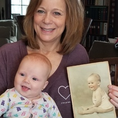 Baby Ella with Grandma and a photo of Mum when she was 7 months old. Some resemblance as redheads...