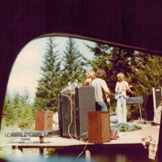 Jimi Lineham, Phil Man, Pat Corrigan jaming during sound check at the Silverton Jams in Oregon in the late 1970's