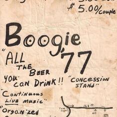 Boogy 77 Flyer. This gig went on for 2 days. The audience was at least 1000 people. The stage was built into the side of a barn. The hay loft had been converted to a staging area. The barn was for the band equipment. Jimi was the headliner.