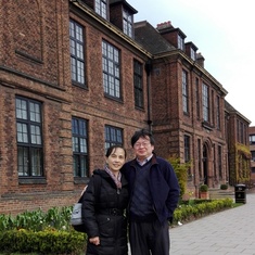 Jingqi and Fei in front of their alma mater, University of Hull, 18 years after finishing their PhD there.