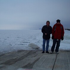 Joel and Frank (Dad) Frozen Lake Michigan 2003, Chicago visit to Illinois Institute re Scholarship