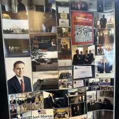 Photo collage display from  Joel's Celebration of Life Memorial. Photos from Law & Politics career. 