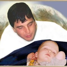 this picture was done for John's web site it is actually a picture of John looking at Ashton when he was born and I took it and added wings behind him and the took a pictue of Ashton sleeping and put his dad behind him so it looks like he is watching over