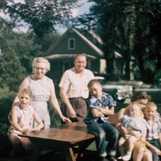 Grandma & Grandpa Hansen, cousins Anita, Loy and Jean; Mom, Wade, Jack, and Vic.  South Sioux City, Nebraska 1957