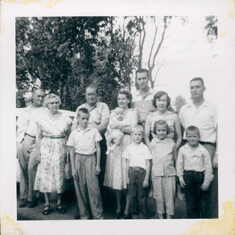 Nebraska clan I -  Uncle Art, Grandma, Jack, Grandpa, Mom holding baby Vic, Wade, Dad, Aunt Ruth, Cousin Anita, Cousin Loy, Uncle Armon.  Where's baby Jean? 1956
