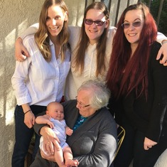 Amanda, Amy, Ashly, and GG holding Isla her little Gr Granddaughter