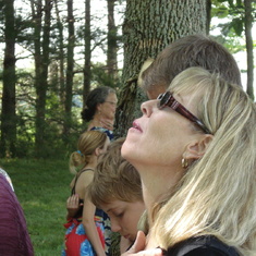 Therese having a silent moment during John's service in Morristown, IN at their old farm