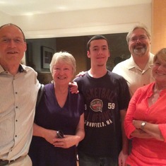 Great friends of John - Peter and Frances Lennie, and David and Inger Williams - flank John's son, David