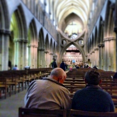 A quiet word with his grandson Josh in Wells Cathederal