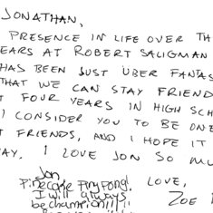 Saligman Class of 2009 note to Jon from Zoe Heiliczer