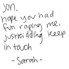 Saligman Class of 2009 note to Jon from Sarah Gordon