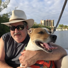 Joe and Lucy on boat ride, Fort Myers, FL 2020