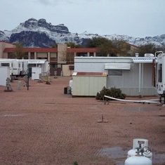 Dad's Apache Jct. mobile home park, 2012, rare snow on Superstitions