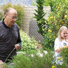 Great Grandpa with Jacy May 2005 in his backyard on Bent Twig ~ Camarillo