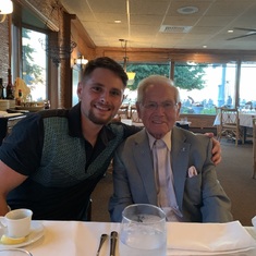 Dad and grandson Noah, at Hedges Nine Mile Point Restaurant (Dad loved it there!) July 2020.