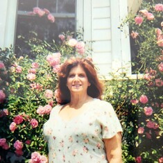 Joyce with her mothers rose bush on Belmar Blvd