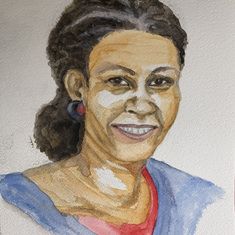 Watercolour portrait of Judith, I made middle April 2021, from picture at Kingston airport (1996).