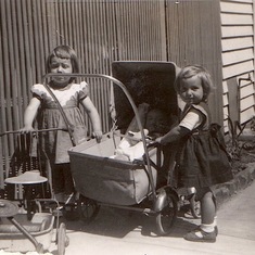 Pam, Gary in Pram, Bev at grandparents Harry and Myrtles'