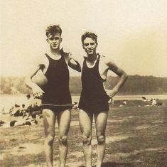 Dad (on R) with boyhood friend Russel Lantz, Centennial Beach, Naperville, Illinois, circa 1928