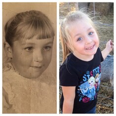 Mom at 6 years old on the left and her granddaughter ( Ava ) at 5 years old on the right 