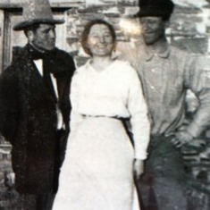 Jule's Father John, Aunt Marie and Uncle Elis (who once was a Gandy Dancer on the railroads) in front of the old stone home the family built, working their ranch near Tama, in Western South Dakota