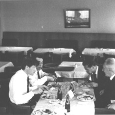 Julian, Milton, Soviet government translator, and Soviet Academician NN Dubinen. Wenner Gren Center dining room. Stockholm, 1968.