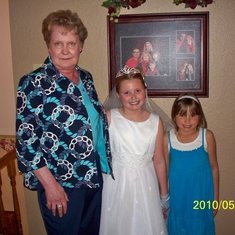 Grandma with Jalyn and Kaidyn at Jalyn's First Communion and confirmation