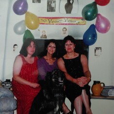 Kathleen Val and Carol with Jake her kitchen dancing partner on Kathleens 50th Birthday