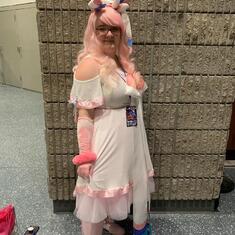 Kayley dressed as Sylveon. It was an all white dress. She added all the details.