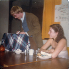 Keith performing his part at a roast for Patty Webster & Delisa (shown), Fall '79, College V, UCSC