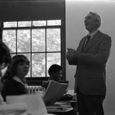 Keith in Asbury Hall classroom, DePauw University, 1980s