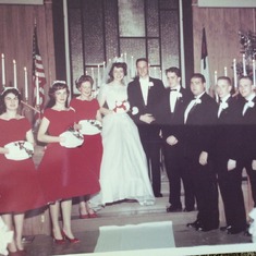 Ken and Sandy were married December 26,1962. Wedding Party: (L to R) Jeanie Szalay, Judy Bergey, Donna Koudela, Jane Zuck (neé Hamilton), Sandy Hamilton Olson, Ken Olson, Bob Olson, Harv Koudela, Sam Shumate, Gary (?) & Hamilton family friend Larry Wilson