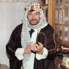 Kevin at Don and Sandi’s - the Arabic clothes were brought back by Don from his UN tour in the Golan Heights and Kevin wanted to try them on