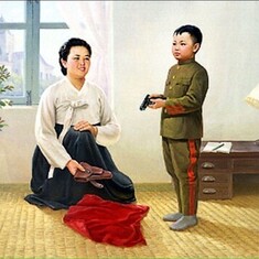 Young Kim Jong Il and his Mother Kim Jong Suk, great heros of the Korean People