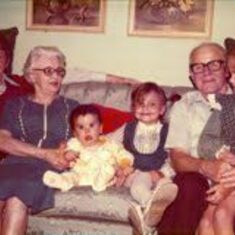 Carol, Aunt Sarah, Mike, Kris & Kim Wescott with Uncle Charles Schell, 7600 Newburgh Road,Evansville, IN 1973