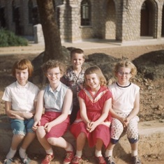 Kent Academy, Miango, Nigeria 1961.  Fay Smith, Linda Glerum Crouch, Bruce Bergman, and Sylvia Eikenberry with  Kitty Braband.