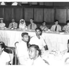 1959 Wedding reception at E&O Hotel, Penang. Wedding table, left to right: Mrs Kirby?, Bridesmaid Tan Kooi Guat, Kotha's father, Kotha, Peter, Kotha's mother, Graham Price, Mrs. Ong.