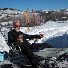 Relaxing after cross-country skiing in the Sawtooth Mountains at Loudon's cabin.